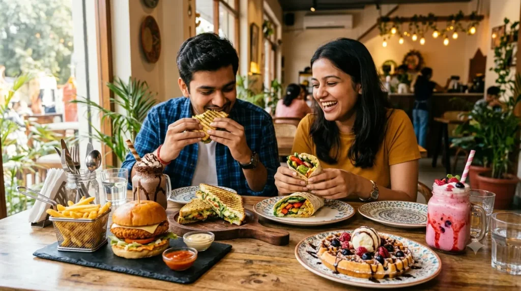 People enjoying different fast food dishes in a Jaipur cafe